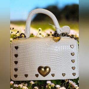 NEW Betsey Johnson Cream Heart-Embellished Handbag With Shoulder Strap 8"x5"x3"